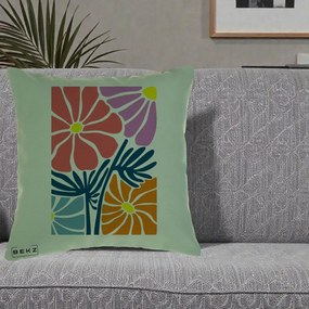 Perna Decorativa Flori Grafice Roz-Orange-Albastru, 40x40 cm, Verde, Husa Detasabila, Perna Inclusa, BEKZ®