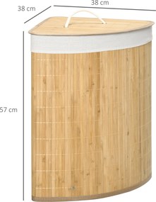 HOMCOM Coș de Rufe din Bambus cu Capac, Design Triunghiular Economisitor de Spațiu, 38x38x57 cm, Culoare Lemn | Aosom Romania