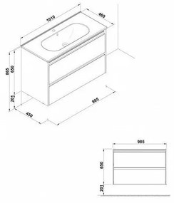 Set dulap baie suspendat 2 sertare Gala Klea cu lavoar inclus, 100 cm, alb lucios 1000x450 mm