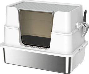 PawHut Toaletă pentru pisici, oțel inoxidabil, interior XL, cu lopată, gri deschis | Aosom Romania