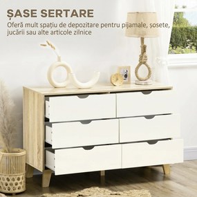 HOMCOM Comodă cu 6 Sertare, Mânere Sculptate și Picioare Trapezoidale, 120x40x76 cm, Lemn Natural | Aosom Romania