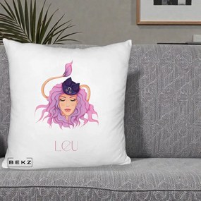 Perna Personalizata Zodie Leu, 40x40 cm, Alb Pufos, Husa Detasabila, Perna Inclusa, BEKZ®