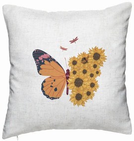 Perna Decorativa, Model SunFlower Butterfly, 40x40 cm, Alb Murdar, Husa Detasabila, Burduf