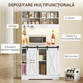 HOMCOM Servantă de Bucătărie Rustică 180 cm, Dulap cu Priză de Alimentare, Lumini LED, Suport pentru Sticle, Suprafață pentru Cuptor cu Microunde, Rafturi Deschise, Uși Glisante, Orificiu pentru Cabluri, Alb | Aosom Romania