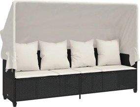 vidaXL Șezlong cu baldachin și perne, negru, poliratan