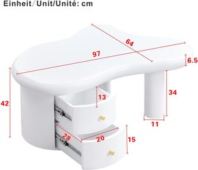 Măsuță de cafea cu formă neregulată, 2 sertare, 97x64x42 cm, Alb