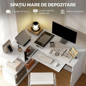 HOMCOM Birou pe Colț Modern cu Tavă Glisantă pentru Tastatură și Rafturi cu 4 Nivele, Alb | Aosom Romania