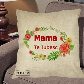 Cadou pentru Mama - Perna Personalizata Mama Te Iubesc Flori Rosii, 40x40 cm, Crem, Husa Detasabila, Perna Inclusa, BEKZ®
