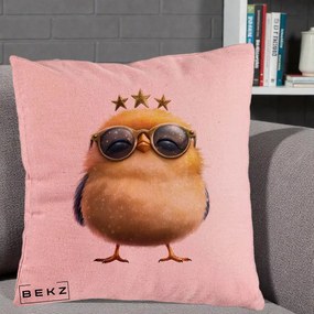Perna Decorativa Pui Gold Star cu Ochelari Aurii, 40x40 cm, Roz, Husa Detasabila, Perna Inclusa, BEKZ®