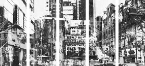 Tablou 5-piese panoramă abstractă a orașului în design alb-negru