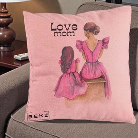 Cadou pentru Mama - Perna Personalizata Love Mom Rochii Roz, 40x40 cm, Roz, Husa Detasabila, Perna Inclusa, BEKZ®