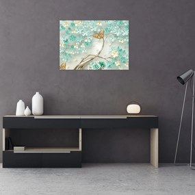 Tablou pe sticlă cu flori și fluturi (70x50 cm)
