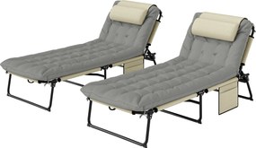 Outsunny Set de 2 șezlonguri pliabile cu spătar reglabil în 4 poziții - suport pentru cap și saltea groasă crem | Aosom Romania