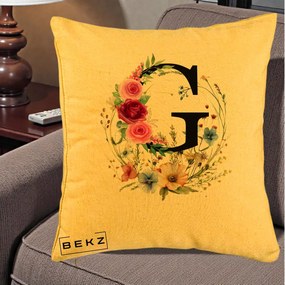 Cadou Personalizat - Perna Personalizata Monogram Litera G cu Flori Acuarela, 40x40 cm, Galben, Husa Detasabila, Perna Inclusa, BEKZ®