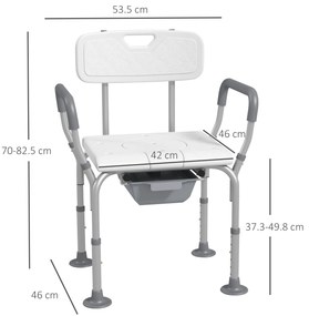 HOMCOM Scaun de Duș cu Spătar și Brațe, Toaletă cu Înălțime Reglabilă, Scaun de Toaletă cu Plăcuță de Picior, 53,5x46x70-82,5 cm, Alb | Aosom Romania