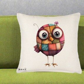Perna Decorativa Pasare Patchwork Roz cu Floare, 40x40 cm, Crem Reliefat, Husa Detasabila, Perna Inclusa, BEKZ®