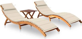 vidaXL Șezlonguri, 2 buc., cu masă și perne, lemn masiv de acacia