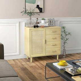 HOMCOM Bufet rotin cu dulapuri cu ușă cannage și 4 sertar, 80 x 38 x 80,5 cm, efect lemn natural | Aosom Romania