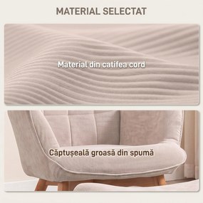 HOMCOM Fotoliu cu Taburet pentru Cameră sau Living din Catifea cu Model Crestat , Spătar Înalt și Brațe, 72x80x101 cm, Bej | Aosom Romania