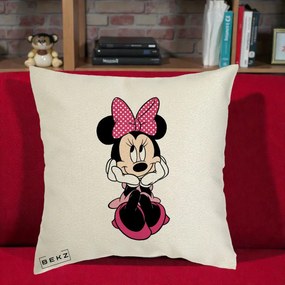 Perna Personalizata Minnie Mouse cu Fundita, 40x40 cm, Ecru, Husa Detasabila, Perna Inclusa, BEKZ®