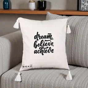 Perna Decorativa Dream Believe Achieve, 40x40 cm, Bej cu Franjuri, Husa Detasabila, Perna Inclusa, BEKZ®