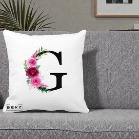 Cadou Personalizat - Perna Personalizata Monograma Florala Litera G, 40x40 cm, Alba Mata, Husa Detasabila, Perna Inclusa, BEKZ®