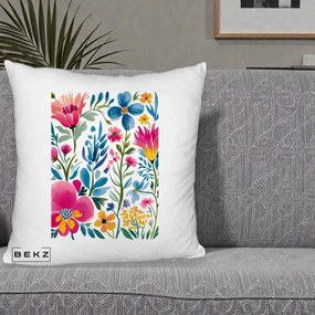 Perna Decorativa Gradina Florala Acuarela Colorata, 40x40 cm, Alb Pufos, Husa Detasabila, Perna Inclusa, BEKZ®