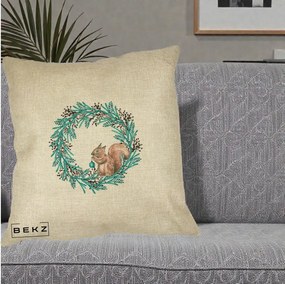 Perna Decorativa Coroana Turcoaz cu Veverita, 40x40 cm, Crem, Husa Detasabila, Perna Inclusa, BEKZ®