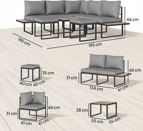 Outsunny Set mobilier grădină exterior 6 persoane modulabil masă de cafea și blaturi laterale din lemn PSPC perne groase 10cm gri | Aosom Romania
