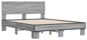 3280210 vidaXL Cadru de pat, gri sonoma, 135x190 cm, lemn prelucrat și metal
