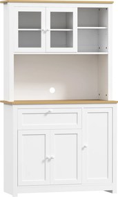 HOMCOM Dulap de bucătărie în stil country, 1 vitrină, 1 raft deschis, 1 sertar, 2 dulapuri, Natur + Alb | Aosom Romania