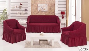 Set huse elastice si creponate pentru canapea 3 locuri si 2 fotolii, cu volanas, culoare Bordo