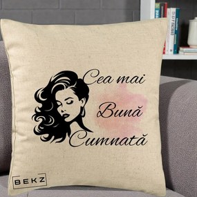 Cadou pentru Cumnata - Perna Personalizata Cea mai Buna Cumnata cu Silueta Dama si Pete Roz, 40x40 cm, Bej, Husa Detasabila, Perna Inclusa, BEKZ®