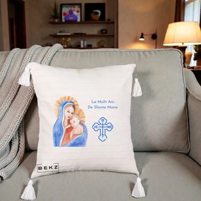 Cadou de Onomastica - Perna Personalizata Sfanta Marie Icoana Acuarela, 40x40 cm, Bej cu Franjuri, Husa Detasabila, Perna Inclusa, BEKZ®