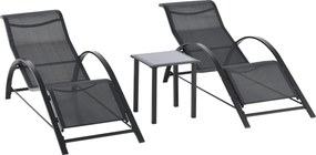 Outsunny Set 2 sezlonguri si masuta cu blat din sticla, sezlong pentru gradina din material respirabil si metal, 59x169x66 cm, negru