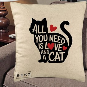 Perna Personalizata All You Need is Love and a Cat, 40x40 cm, Bej, Husa Detasabila, Perna Inclusa, BEKZ®