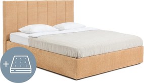Pat dublu tapițat cu spațiu de depozitare cu saltea și somieră 160x200 cm în culoarea muștar Thessa Bold Line - Bonami Selection