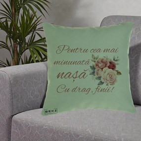 Cadou pentru Nasa - Perna Personalizata Pentru Cea mai Minunata Nasa Cu drag Finii, 40x40 cm, Verde, Husa Detasabila, Perna Inclusa, BEKZ®