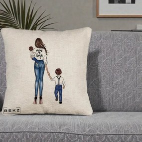 Cadou pentru Mama - Perna Personalizata Mom of Boys Mama cu Baietii, 40x40 cm, Bej Canapea, Husa Detasabila, Perna Inclusa, BEKZ®