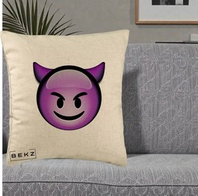 Perna Decorativa Emoji Diavol Mov, 40x40 cm, Bej, Husa Detasabila, Perna Inclusa, BEKZ®