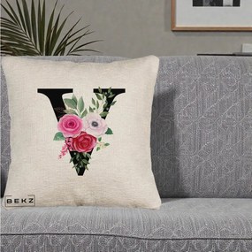 Cadou Personalizat - Perna Personalizata Monograma Florala Litera V cu Buchet, 40x40 cm, Bej Canapea, Husa Detasabila, Perna Inclusa, BEKZ®