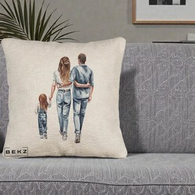 Cadou pentru Familie - Perna Personalizata Familie Acuarela Jeans, 40x40 cm, Bej Canapea, Husa Detasabila, Perna Inclusa, BEKZ®