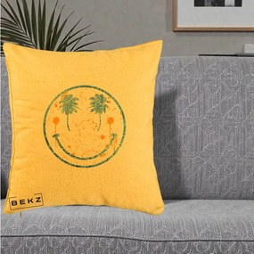 Perna Decorativa Smiley Face Tropical Albastru Glitter si Portocaliu, 40x40 cm, Galben, Husa Detasabila, Perna Inclusa, BEKZ®