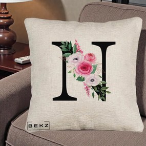 Cadou Personalizat - Perna Personalizata Monograma Florala Litera N, 40x40 cm, Bej Canapea, Husa Detasabila, Perna Inclusa, BEKZ®