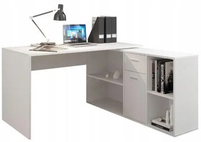 Birou calculator pe colt, MDF, 1 sertar, 6 rafturi, alb, 139x136x74.2 cm, Jumi 