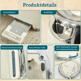 HOMCOM Fierbător 1,7 L 2200 W cu funcție de fierbere rapidă, filtru anticalcar și prăjitor cu 4 fante și 7 trepte de rumenire, alb-crem | Aosom Romania