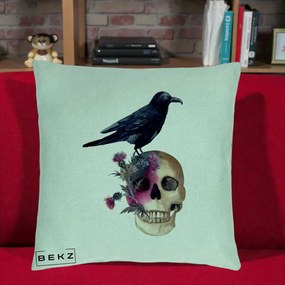 Perna Decorativa Craniu cu Corb si Flori Gothic, 40x40 cm, Verde Menta, Husa Detasabila, Perna Inclusa, BEKZ®