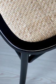 Scaun dining negru din lemn de cauciuc, rattan si rachita, cu aspect vintage, French
