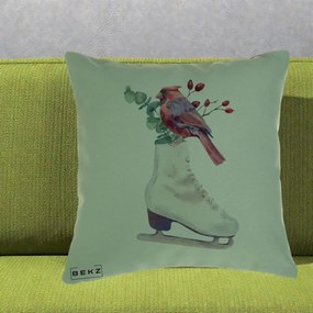 Perna Decorativa Cardinal Rosu pe Patina de Gheata, 40x40 cm, Verde, Husa Detasabila, Perna Inclusa, BEKZ®