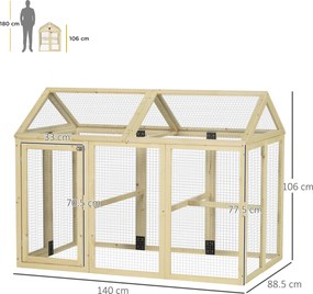 PawHut Adăpost pentru Găini de Exterior din Lemn, Cușcă cu Uși Multiple și Plasă Metalică, 140x88.5x106 cm, culoare Lemn | Aosom Romania